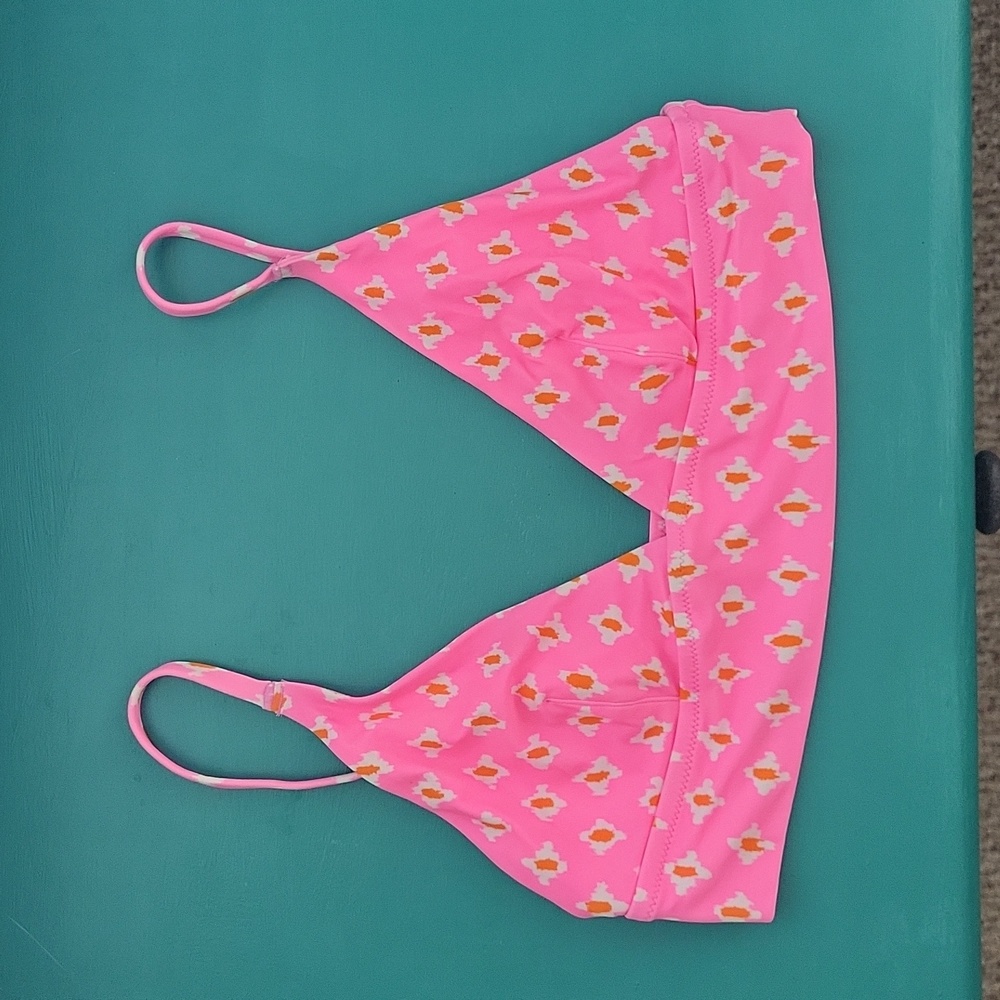 Aerie Plunge Longline Triangle Bikini Top - Pink/Orange/White Print - M